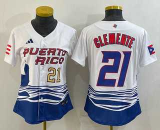 Womens Puerto Rico Baseball #21 Roberto Clemente Number 2023 White World Classic Stitched Jersey->2023 world baseball classic->MLB Jersey
